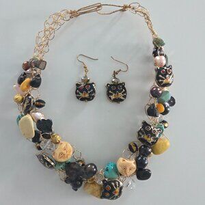 Cat and Stones Necklace & Earrings